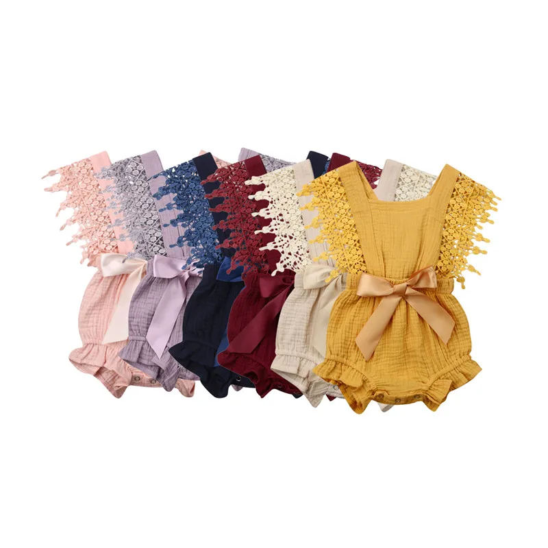 Лидер продаж 6 видов цветов Боди без рукавов из хлопка и льна с бантом для