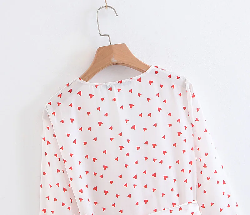 Women Sweet Heart-printed Summer Dress Lady V Neck With Belt Long Sleeve Slim A-line Mini Dress vestido mujer DDWM8792