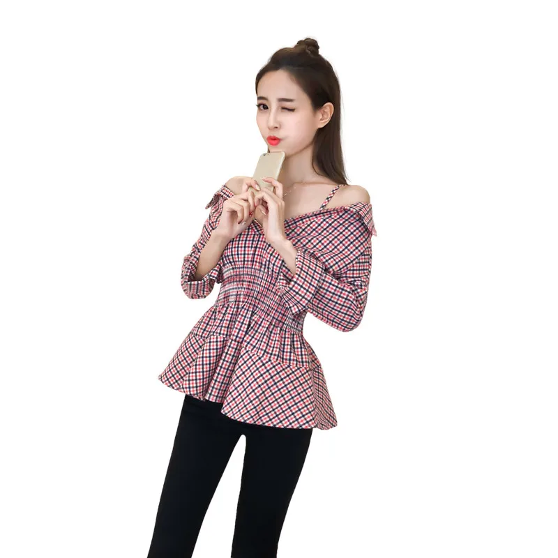 

2019 Spring Summer New Women Plaid Shirts Female Long Sleeve Fashion Ruffled Salsh Neck Blouse Harajuku Girl Slim Casual Tops