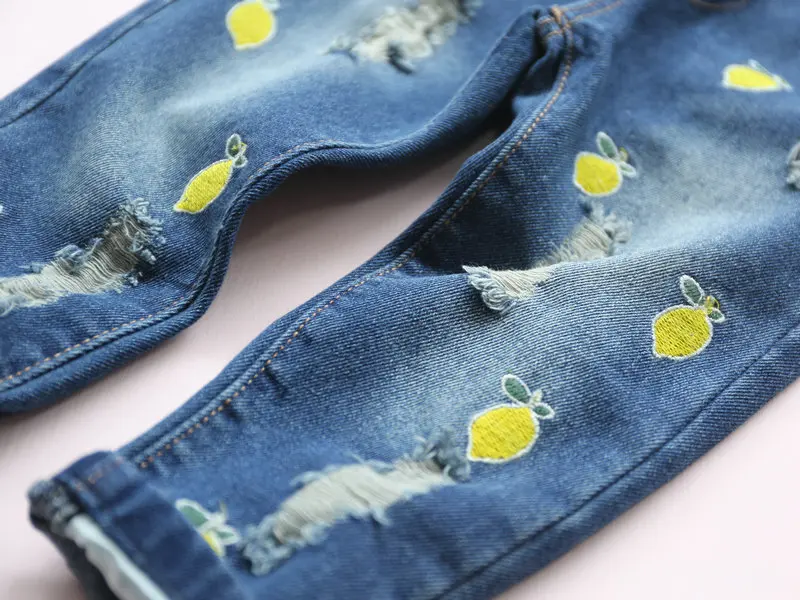 Новинка 2019 детские джинсы брюки для девочек с вышивкой дырками женская одежда |