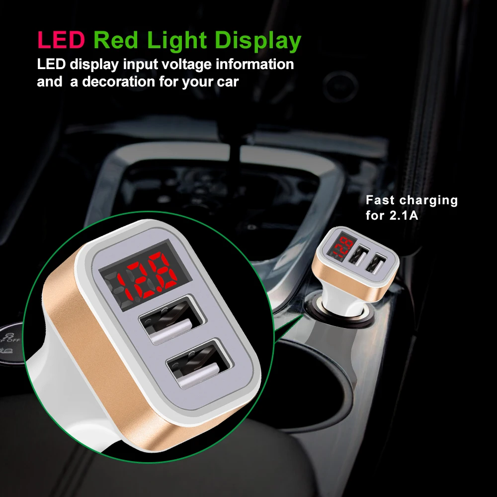 Автомобильное зарядное устройство с 2 USB-портами и светодиодным дисплеем 2.1A |