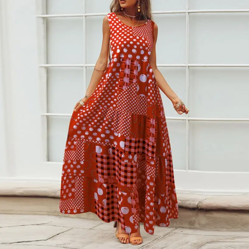 Повседневное Макси платье женское летнее без рукавов в горошек Бохо синее модное