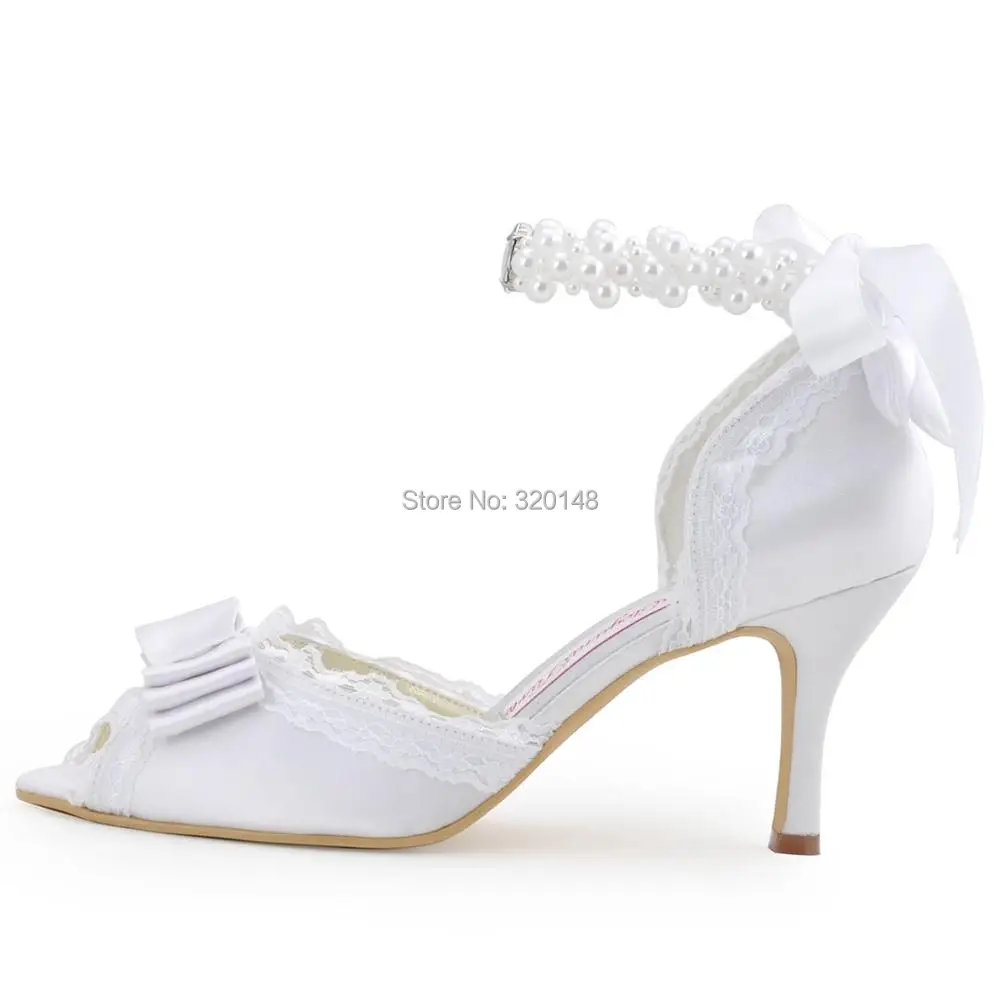 Woman Wedding Shoes A3202 Ivory White High Heel Pearls Ankle Strap Peep Toe Bow Satin Lady bride Evening Prom dress Bridal Pumps | Обувь