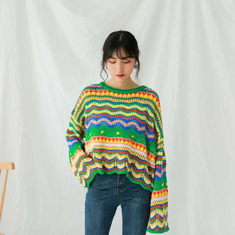 2018 Korean New Autumn Winter Sweaters Woman Vintage Hit Color Stripe Loose Pullover Sweater Female Casual Jumpers | Женская одежда