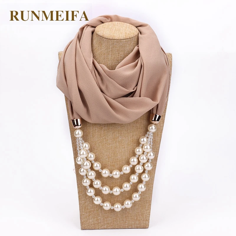 

RUNMEIFA New Pendant Scarf Necklace Pearls Necklaces For Women Chiffon Hijab Pendant Jewelry Wrap Foulard Female Accessories