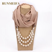 runmeifa new pendant scarf necklace pearls necklaces for women chiffon hijab pendant jewelry wrap foulard female accessories