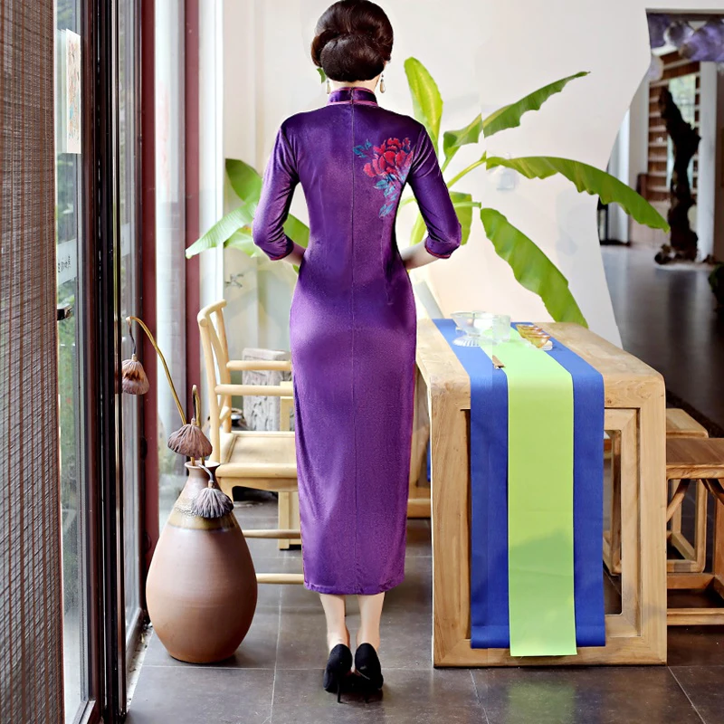2018 Стильное женское велюровое платье Cheongsam весеннее длинное в китайском стиле с