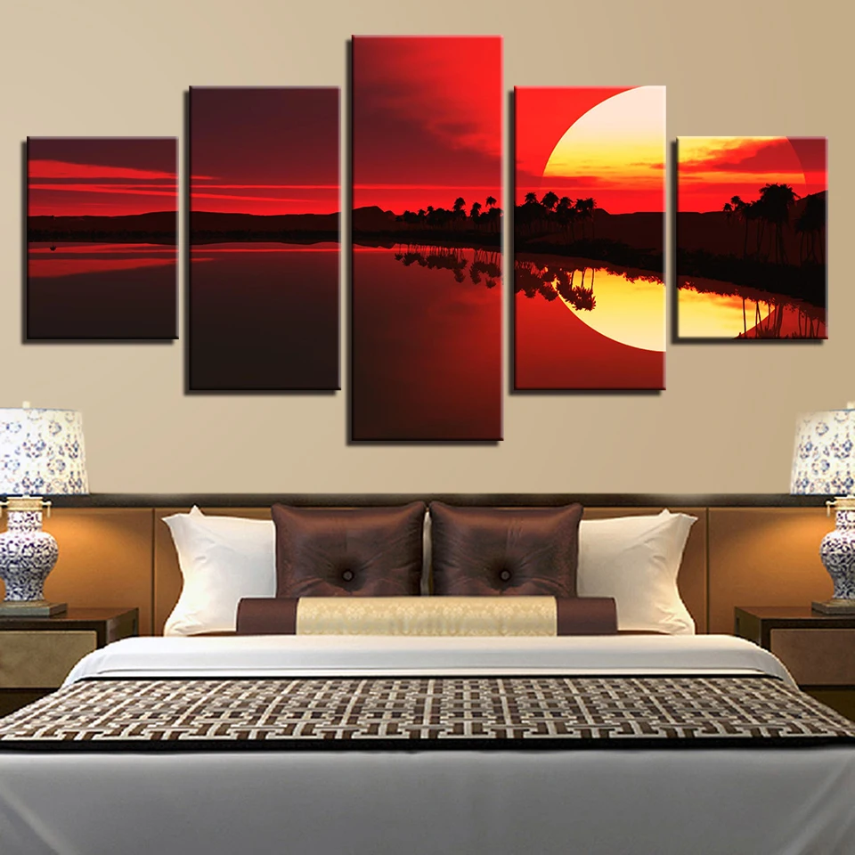 

Decoration Modern Prints Wall Art 5 Pieces Red Sky Lake Forest Sunset Scenery Paintings Poster Framework Modular Pictures Canvas