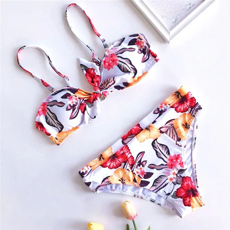 

Women's Sexy Print Chest Knot Bikini Set High Waist Thong Bikini Split Swimsuit Bikini Beachwear Biquini 4as