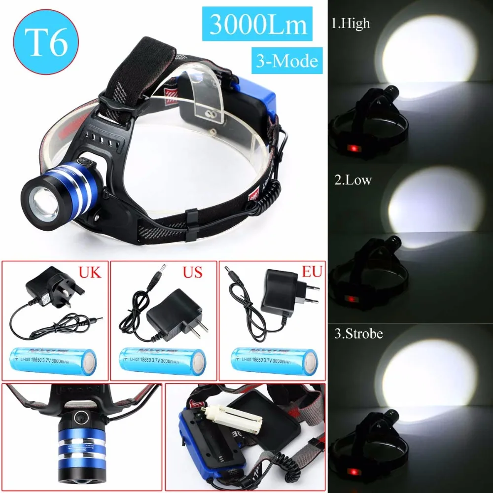 3000 лм T6 светодиодный 18650 перезаряжаемый налобный фонарь Головной масштабируемый