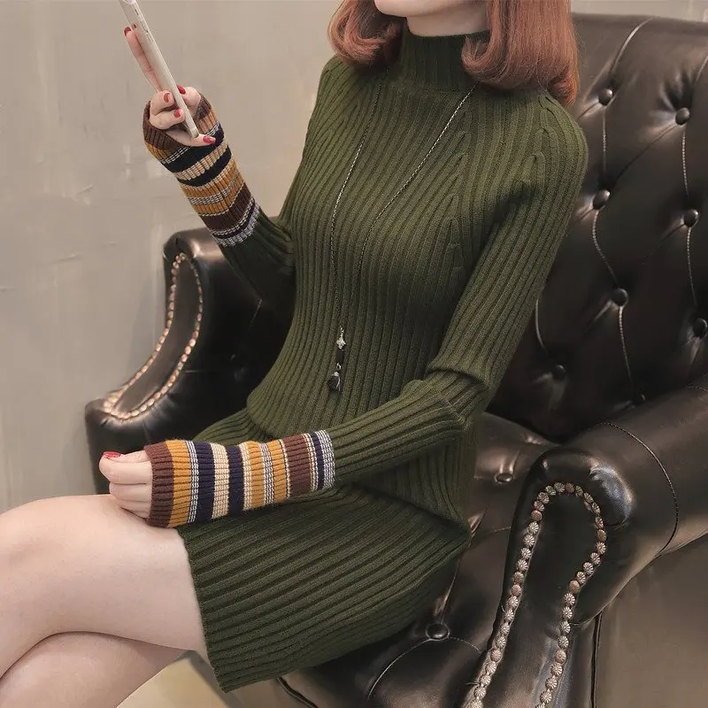 2019 New Autumn Winter Warm Sweater Dress Women Slim Bodycon Female Half high collar Long Sleeve Knitted Vestidos | Женская одежда
