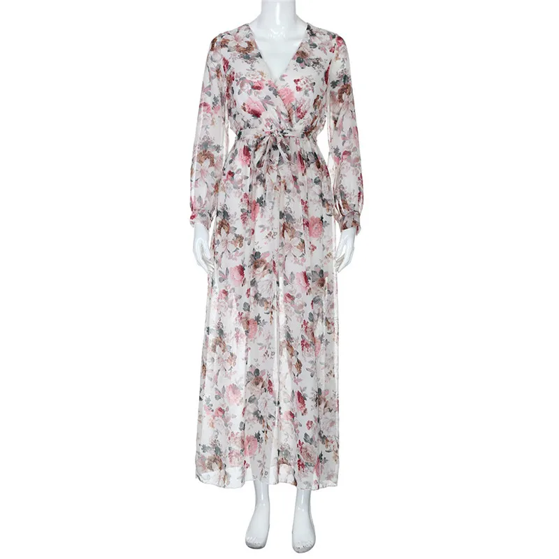 Весеннее женское платье с v-образным вырезом и длинным рукавом шифоновое длинное