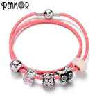 Женские плетеные браслеты REAMOR, розовые браслеты-цепочки из натуральной кожи с сердечком и изображением медведя из мультфильма, очаровательные браслеты с бусинами, ювелирные изделия для женщин, подарок
