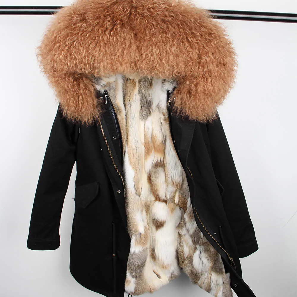 

MAOMAOKONG Winter Real Rabbit Fur Lined Jacket Coat Natural Wool Hooded Fur Collar Park Women's jacket