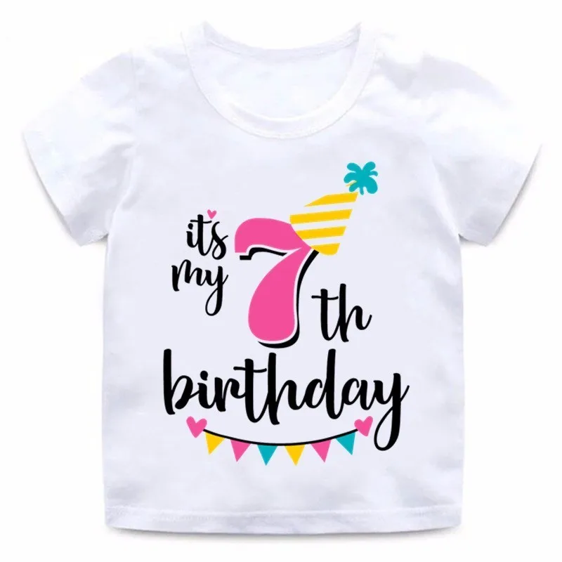 HKP2432G Футболка с надписью «Happy Birthday» и цифрой 1-7 для девочек Милая летняя одежда для малышей Забавная детская футболка с цифрами на день рождения HKP2432 - Цвет: HKP2432G