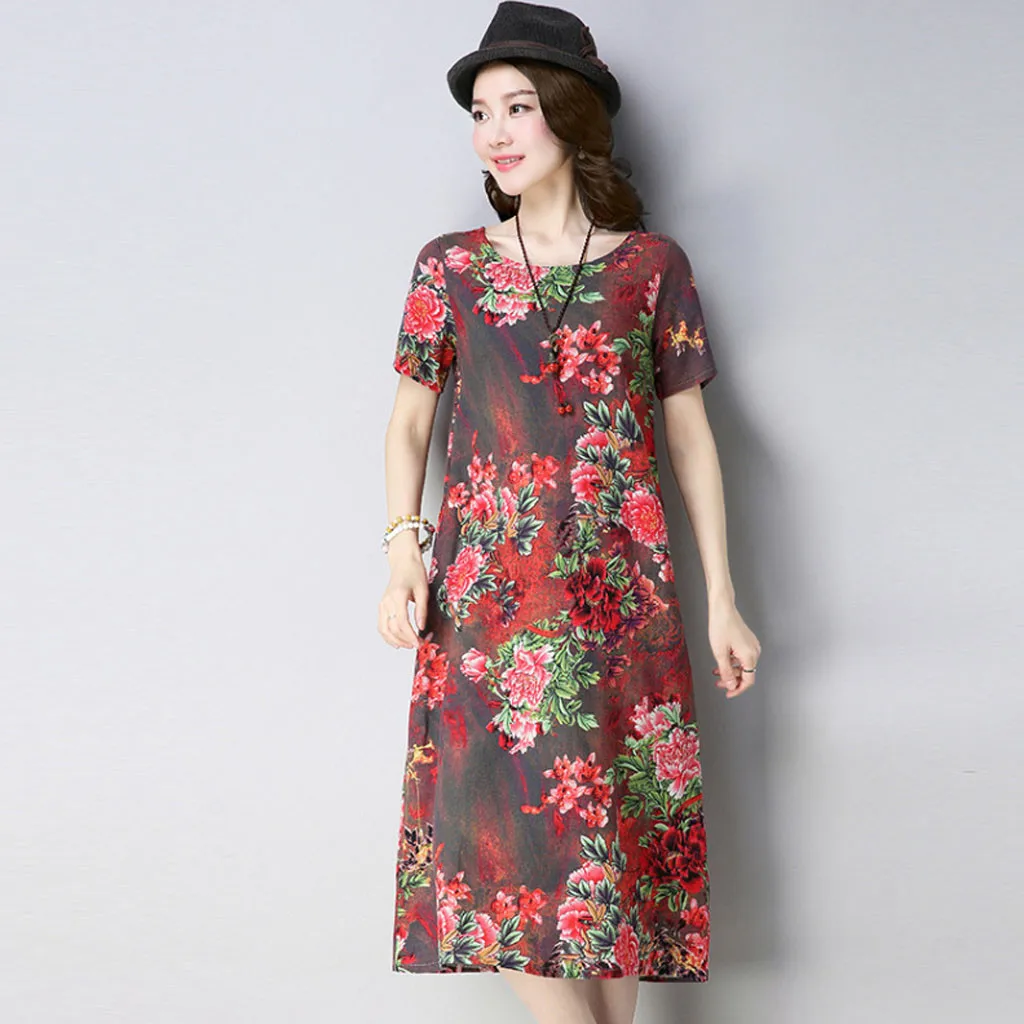

Casual ladies dress Cotton Linen O-neck loose summer floral print dress Mid Calf short-sleeved dress Y530