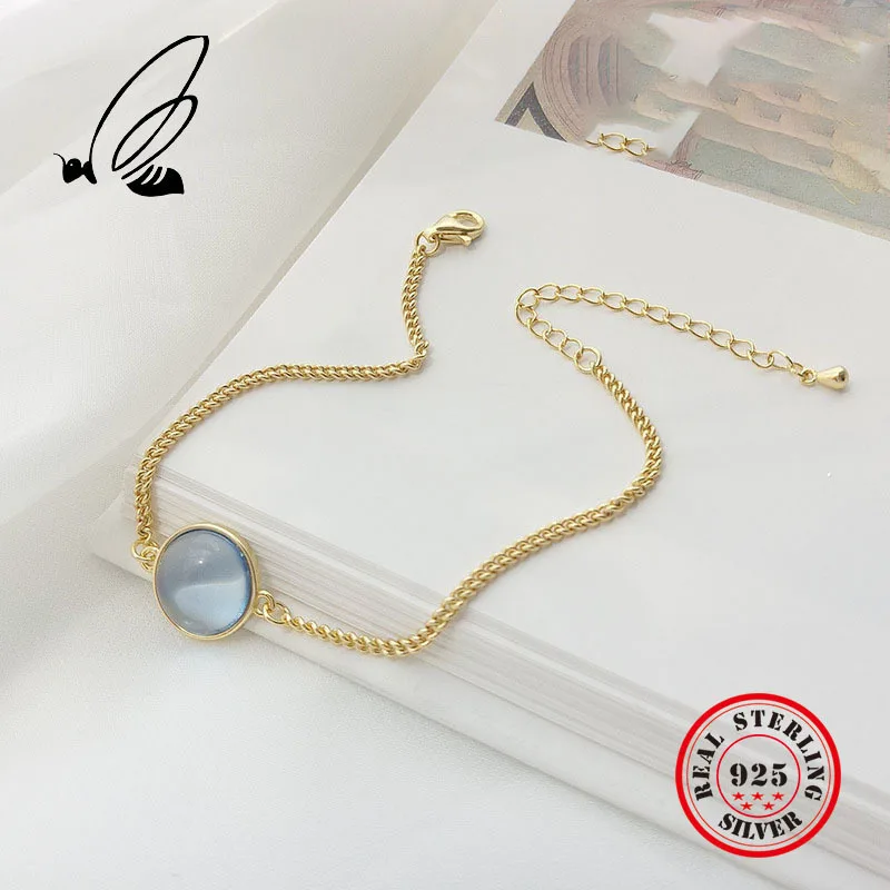 

100% 925 Sterling Silver Bracelet For Women Simple Round Blue Crystal Gold Color Bracelet Sweet Girlfriends Party Fine Jewelry