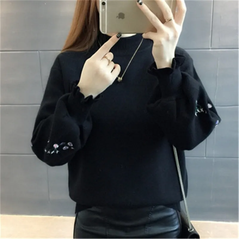 2018 Winter Pullover Sweater women Embroidery Knitting female Long sleeve Shrug Half Turtleneck Knitwear coat PZ522 | Женская одежда