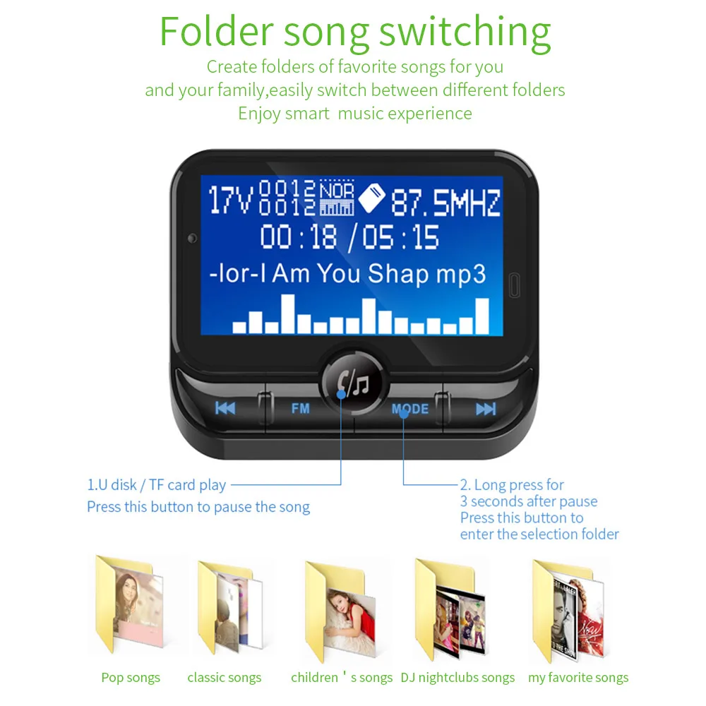 Onever телефонные звонки в режиме Hands-free MP3 плеер FM передатчик 90 градусов вращение Bluetooth 4,1 светодиодный Экран поддерживает 7 языков