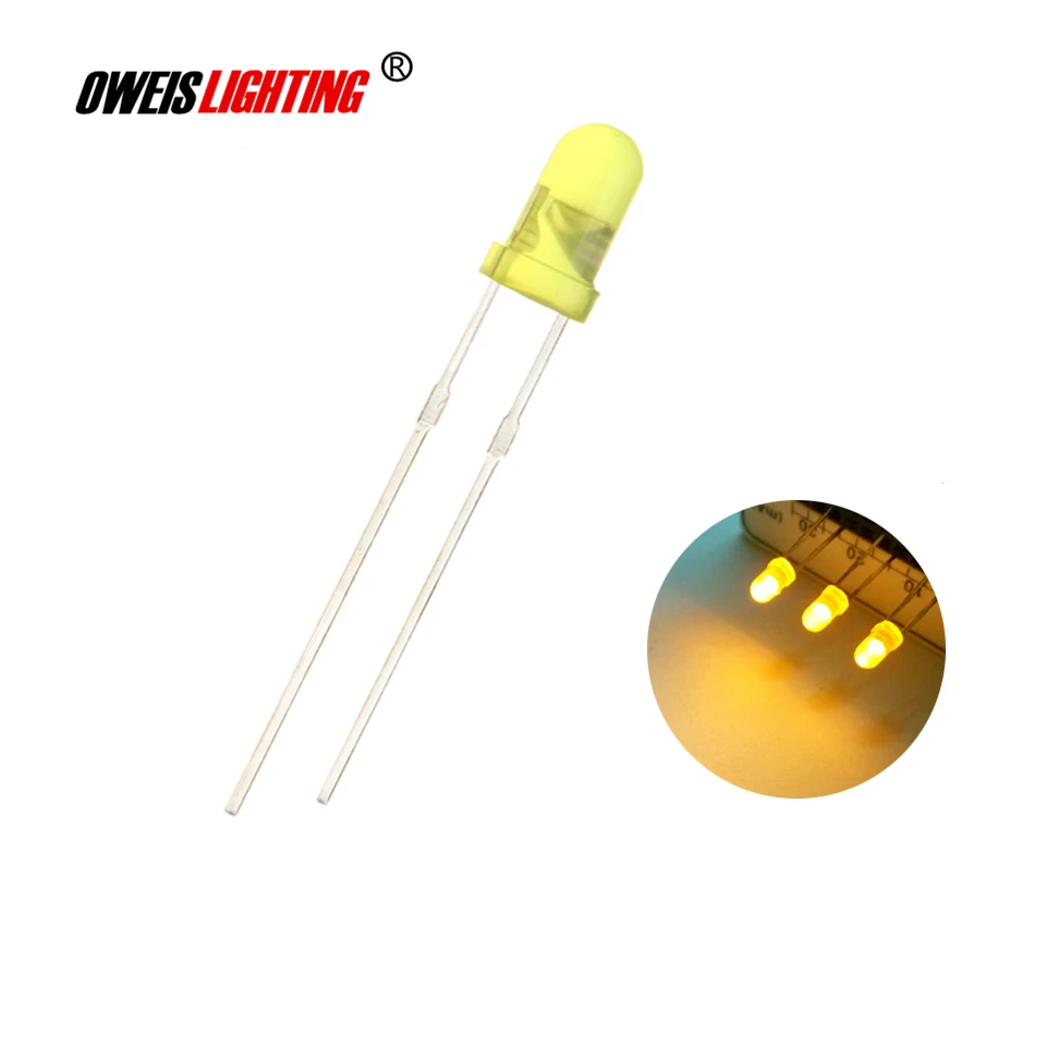 100 шт. 3 мм LED Желтый цвет рассеянный круглый головной свет 20мА DIP лампа широкий