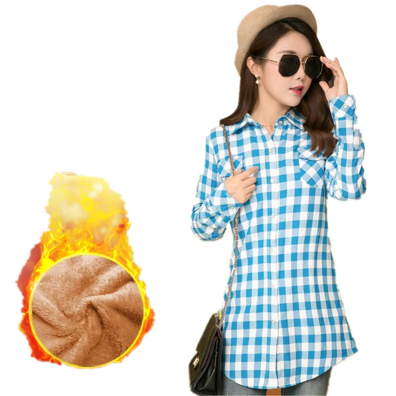 2020 Winter Women Warm Cashmere White Blue Plaid Shirt Long Sleeves Leisure Thick Velvet Blouse Blusas Femininas | Женская одежда