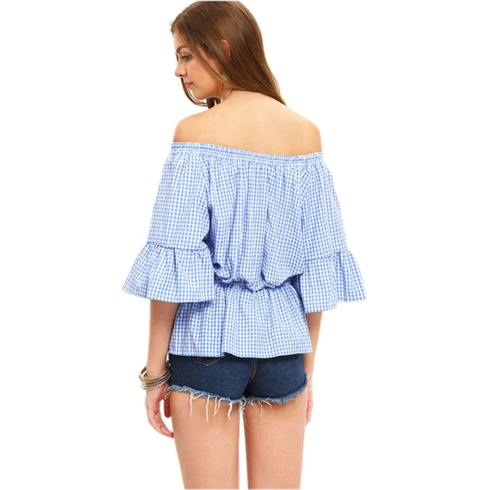 BEAUMOOI Kimono Plaid Top Female Blouse Women's Shirt flare Sleeve Lace Up Sexy Tunic Tops Casual Clothes Korean Fashion FT1005 |