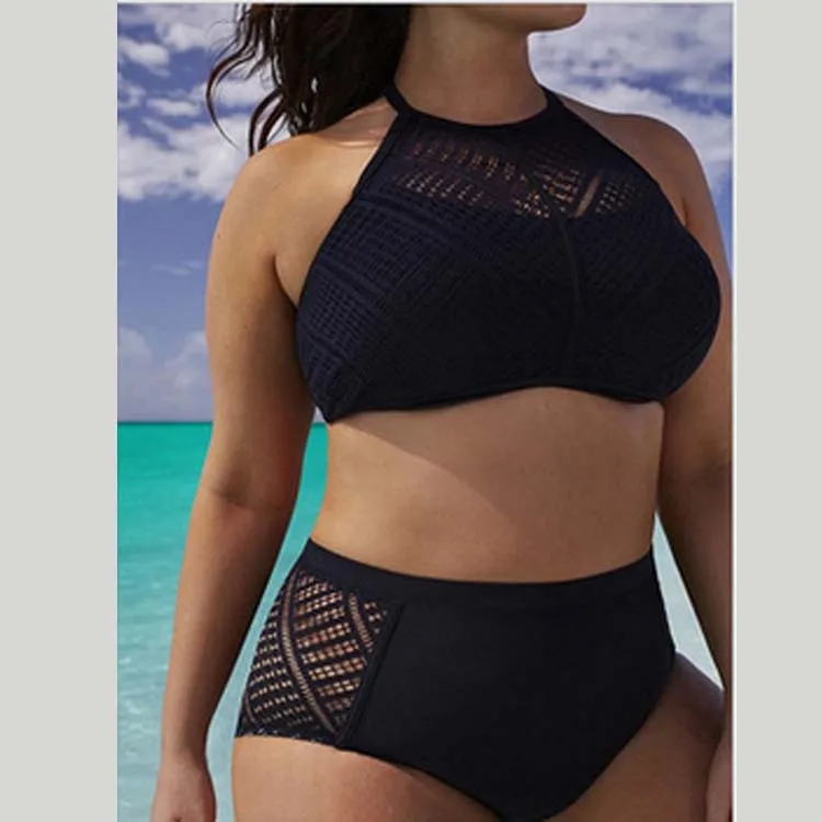 S до 7XL плюс размер бикини набор черный Кружева полые подходят для полных дам