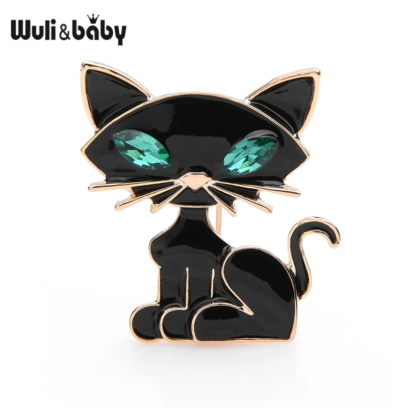 Wuli& baby, Черный кот с зелеными глазами, броши для женщин и мужчин, милая Банкетная брошь в виде кота, праздничная брошь на булавке