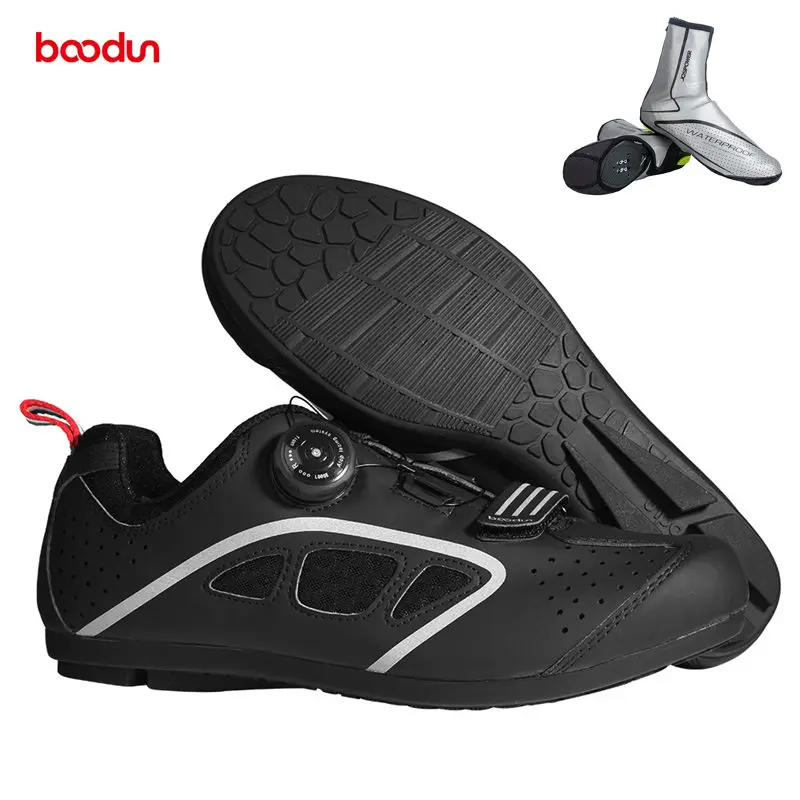 with overshoes Boodun Ультралегкая резиновая подошва без блокировки обувь для горного велоспорта дышащая Нескользящая велосипедная обувь Спортивные Гонки кроссовки - Цвет: with overshoes