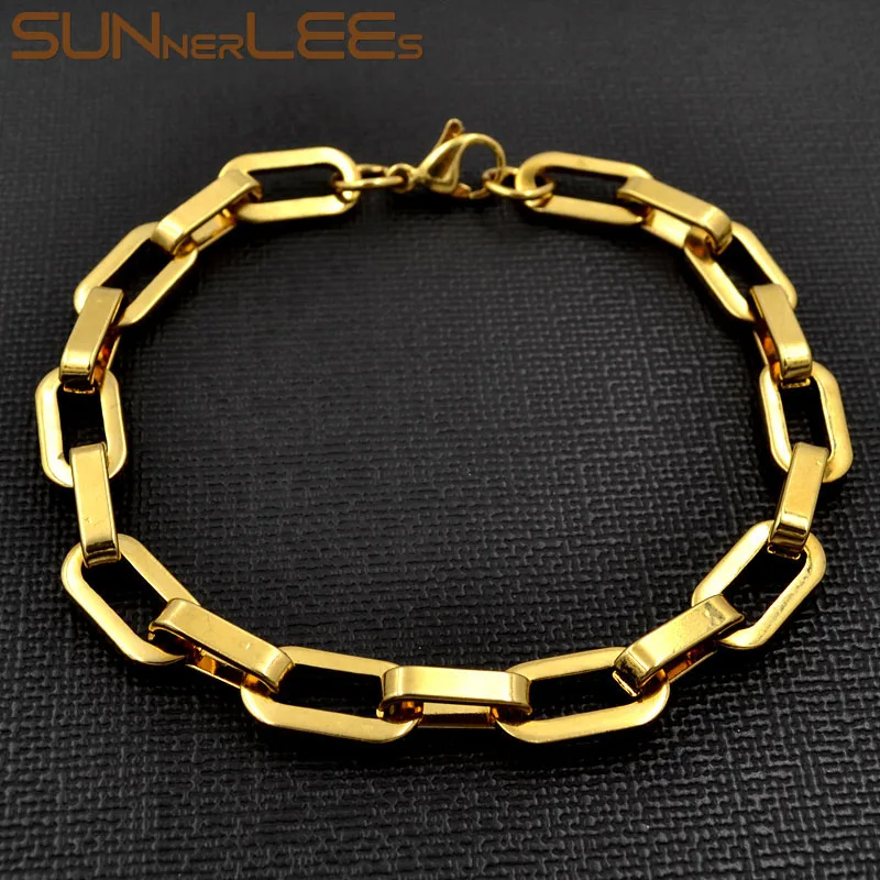 Gold SUNNERLEES модные украшения 316L браслет из нержавеющей стали 8 мм Геометрическая цепочка Золотая для мужчин женщин подарок SC162 B - Окраска металла: Gold