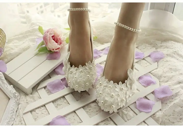 Свадебные туфли Цвет слоновой кости Женские для невесты с жемчугом на лодыжке