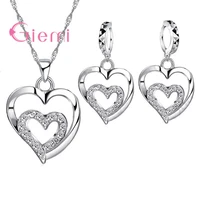 romantic women jewelry sets 925 sterling silver zircon cz crystal double love heart necklaceearrings jewelry set hot sale