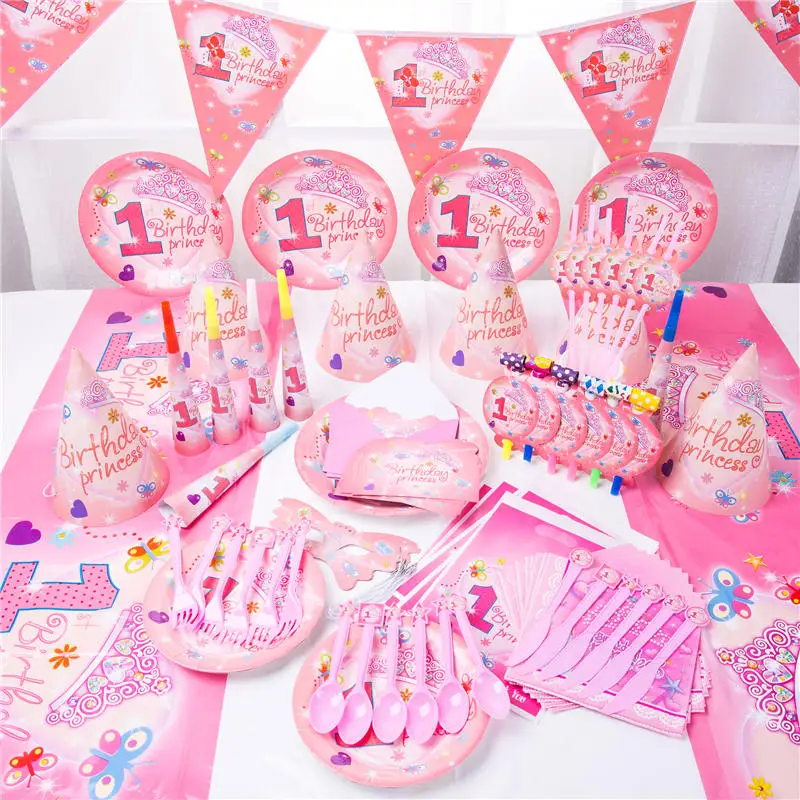 Pink Kids 1st Birthday Party Decorations Paper Plate Napkins Cup Flag Party Supplies Disposable Tableware Set Baby Shower Favor