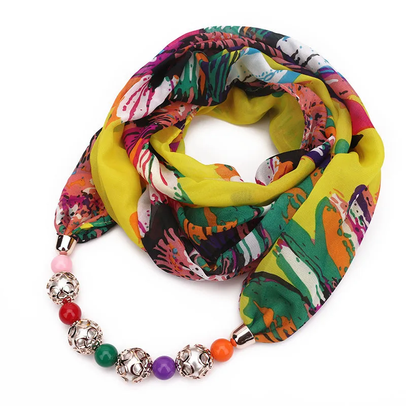 Женский шифоновый шарф ожерелье с цветочным принтом и бусинами|fashion necklace|necklace