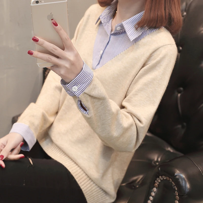 Autumn Winter Fashion Women Shirt Neck Sweater Ladies Jumper Knitting Long Sleeve Pullover Stitching Casual Short Female | Женская