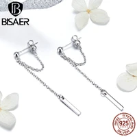 bisaer hot sale long chain earrings 925 sterling silver t bar korean long chain women stud earrings 925 silver jewelry ece550