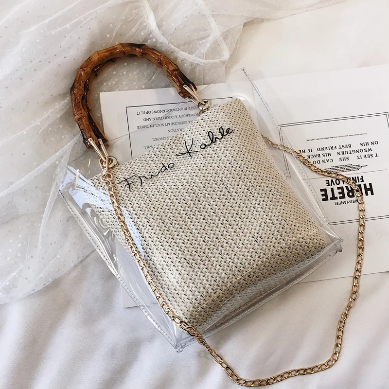 

BARHEE Brand Design Transparent Women Bag Rattan Handbag Holiday Seaside Tote Fashion Bamboo Handle Chains Messenger Bags Small