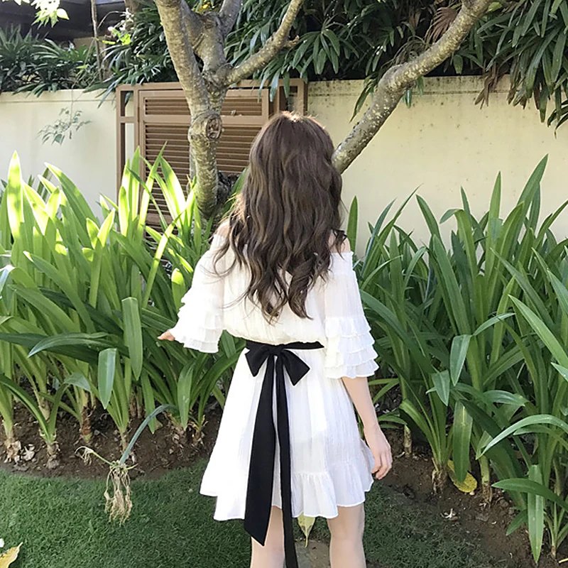 Women's Dresses Japan Kawaii Ulzzang Ghost Horse Girl Shoulder Leaf Sleeve Thin Waist Dress Female Cute Korean Harajuku Clothing | Женская