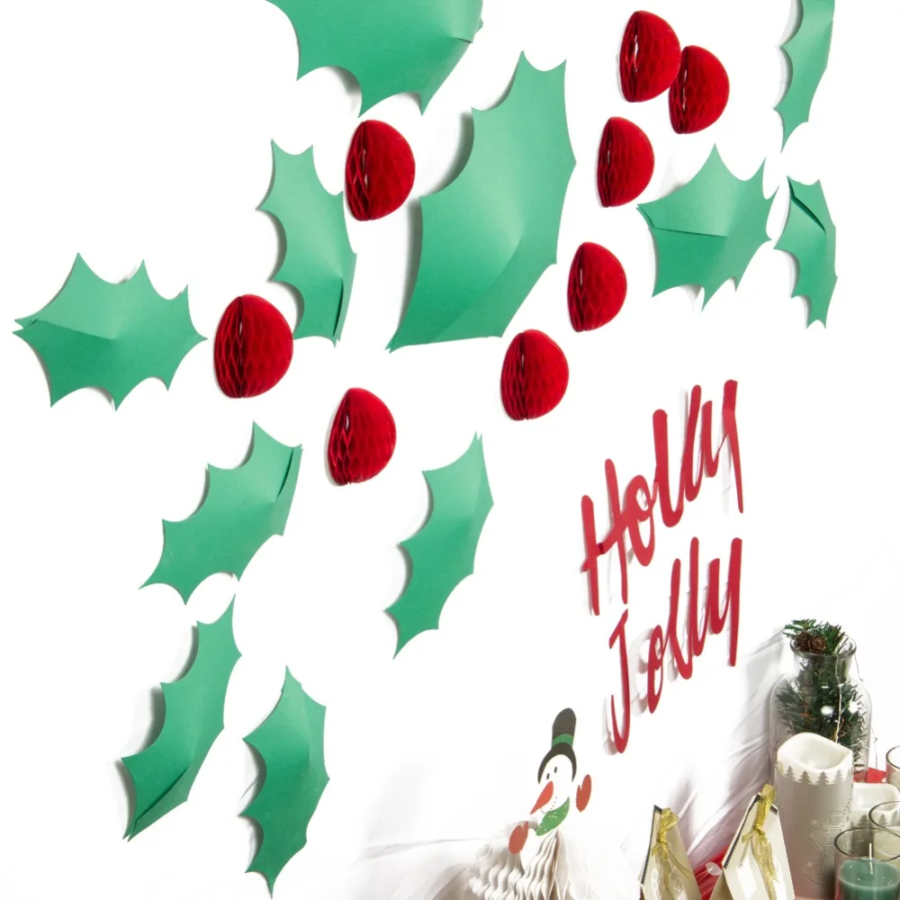 Рождественские 3D настенные декоративные наклейки Holly Jolly Mistletoe листья Мини