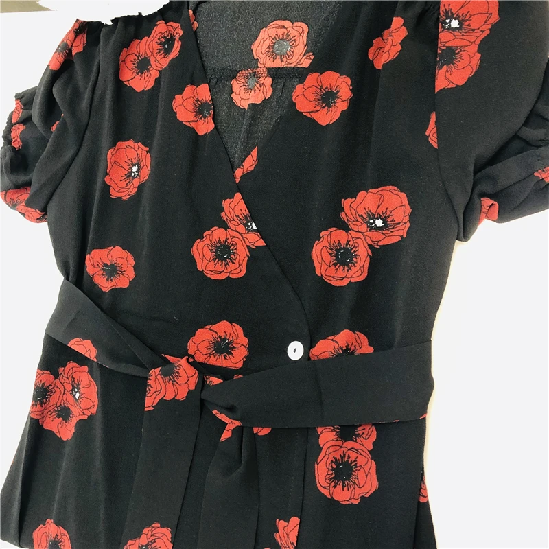 Миди черный anemone палантин с принтом платье пышное летнее платье vestidos модные пуговицы и галстук спереди платья