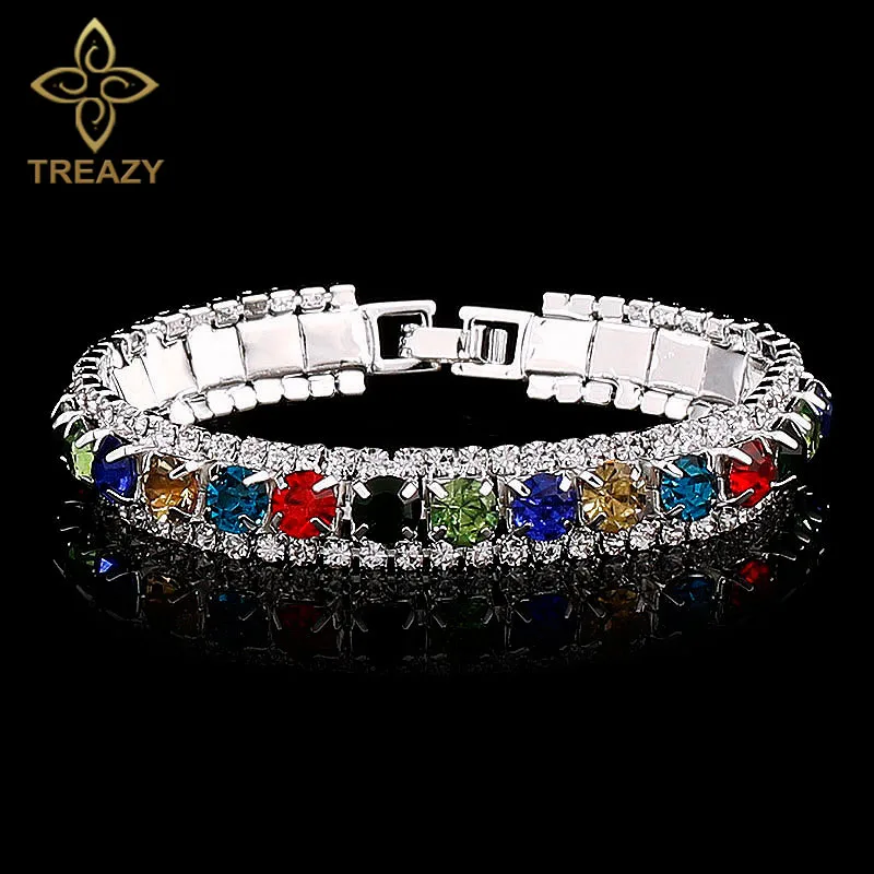Multicolor TREAZY Посеребренная блестящая браслеты для женщин многоцветные Стразы Очаровательная цепочка браслеты и браслеты Femme Рождественский подарок - Окраска металла: Multicolor