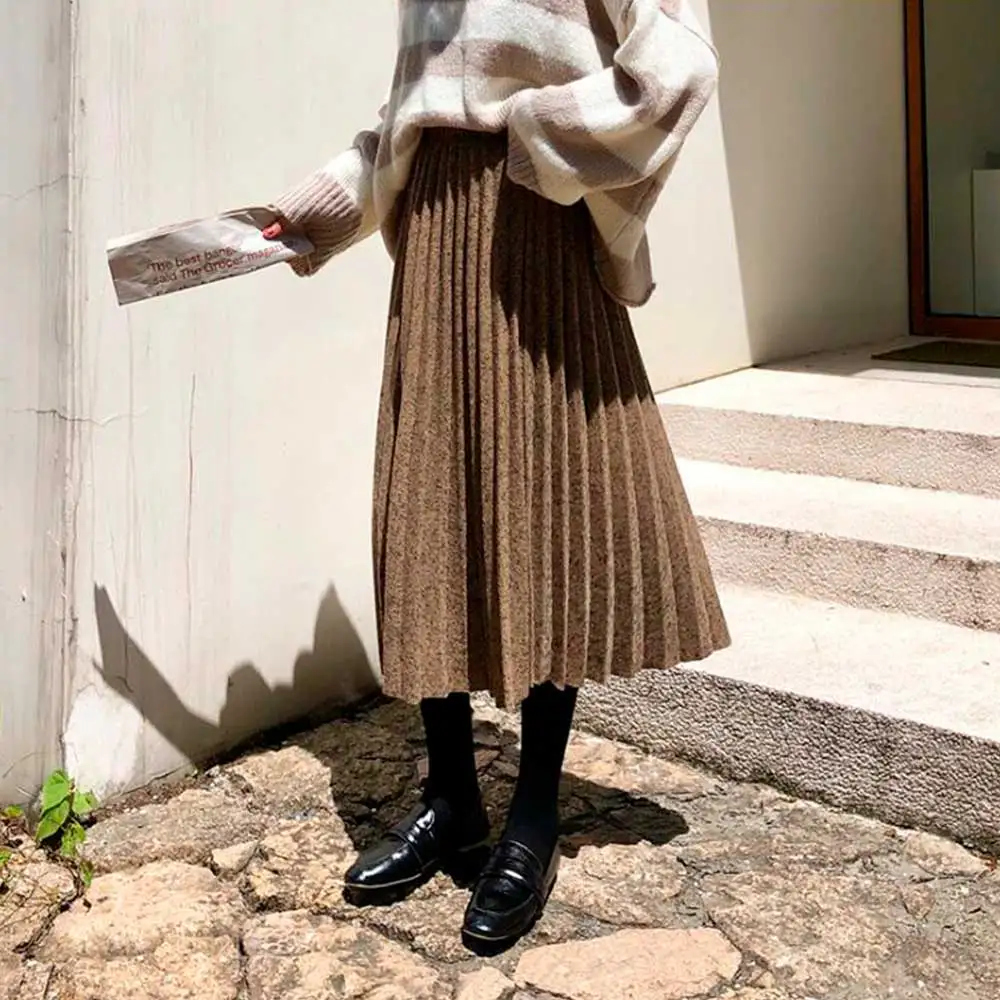 light brown Осенняя мода, женская плиссированная юбка, высокая талия, миди юбки, женские вечерние юбки, повседневные faldas saia размера плюс, Прямая поставка - Цвет: light brown