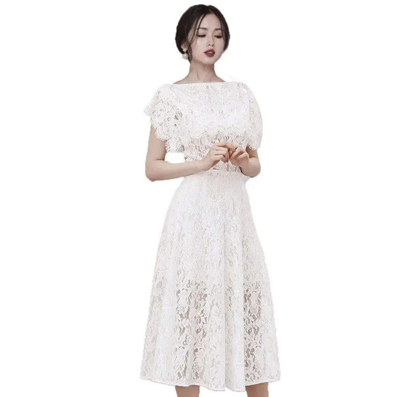 Женское платье с открытой спиной элегантное короткое Кружевное вырезом лодочкой