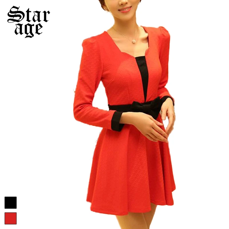 Женские платья-трапеции контрастных цветов с длинным рукавом и бантом осенняя