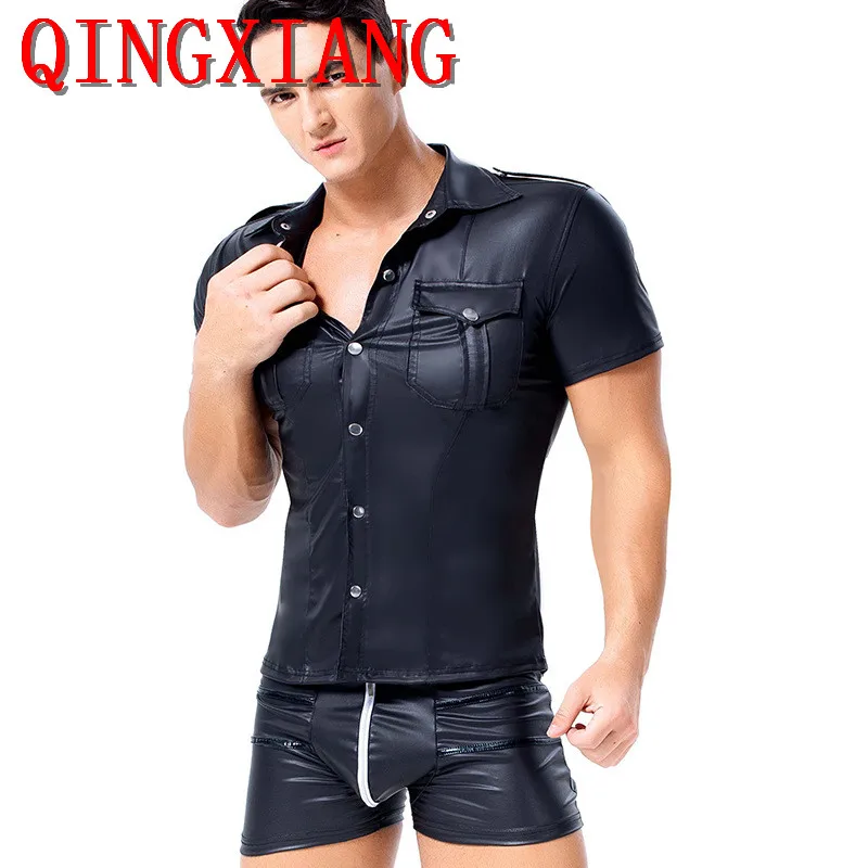 

S-2XL 2019, модная черная футболка из искусственной кожи для мужчин, пикантная футболка для фитнеса с коротким рукавом, футболка с передними пуг...