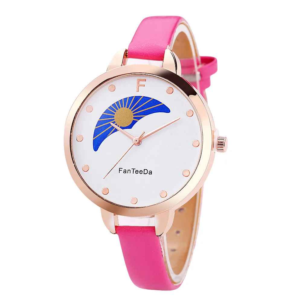 FanTeeDa relogio feminino Sun and moon Alloy Analog Leather Band Quartz Wrist Watch women Clock Casual Round kadin saat mujerB40 - Цвет: Розовый