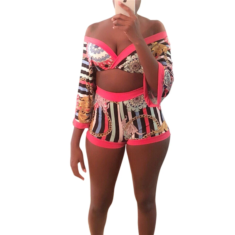 

Adogirl Gold Chain Colorful Stripe Women Summer Suits Wrap V Neck Half Sleeve Crop Top and Shorts Sexy Two Piece Set Clubwear