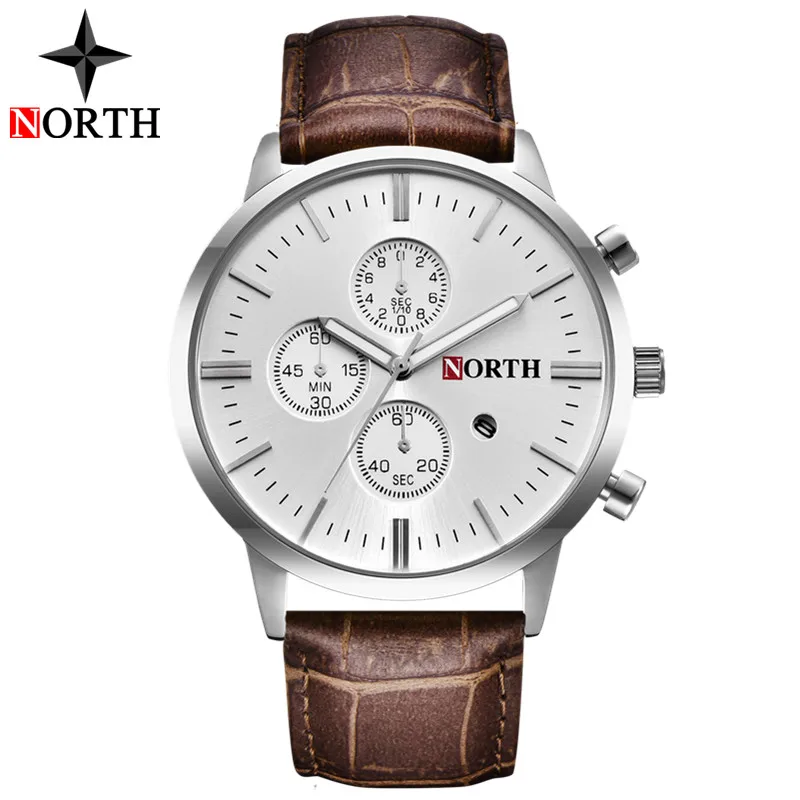 Бренд NORTH, мужские часы, повседневные кожаные аналоговые часы, мужские Кварцевые водонепроницаемые спортивные часы, мужские военные часы, Relogio Masculino - Цвет: Silver White