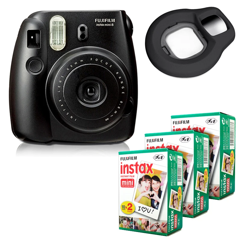 Моментальная Камера Fujifilm Instax Mini 8 черная + белая пленка Fuji Edge 60 объектив крупным