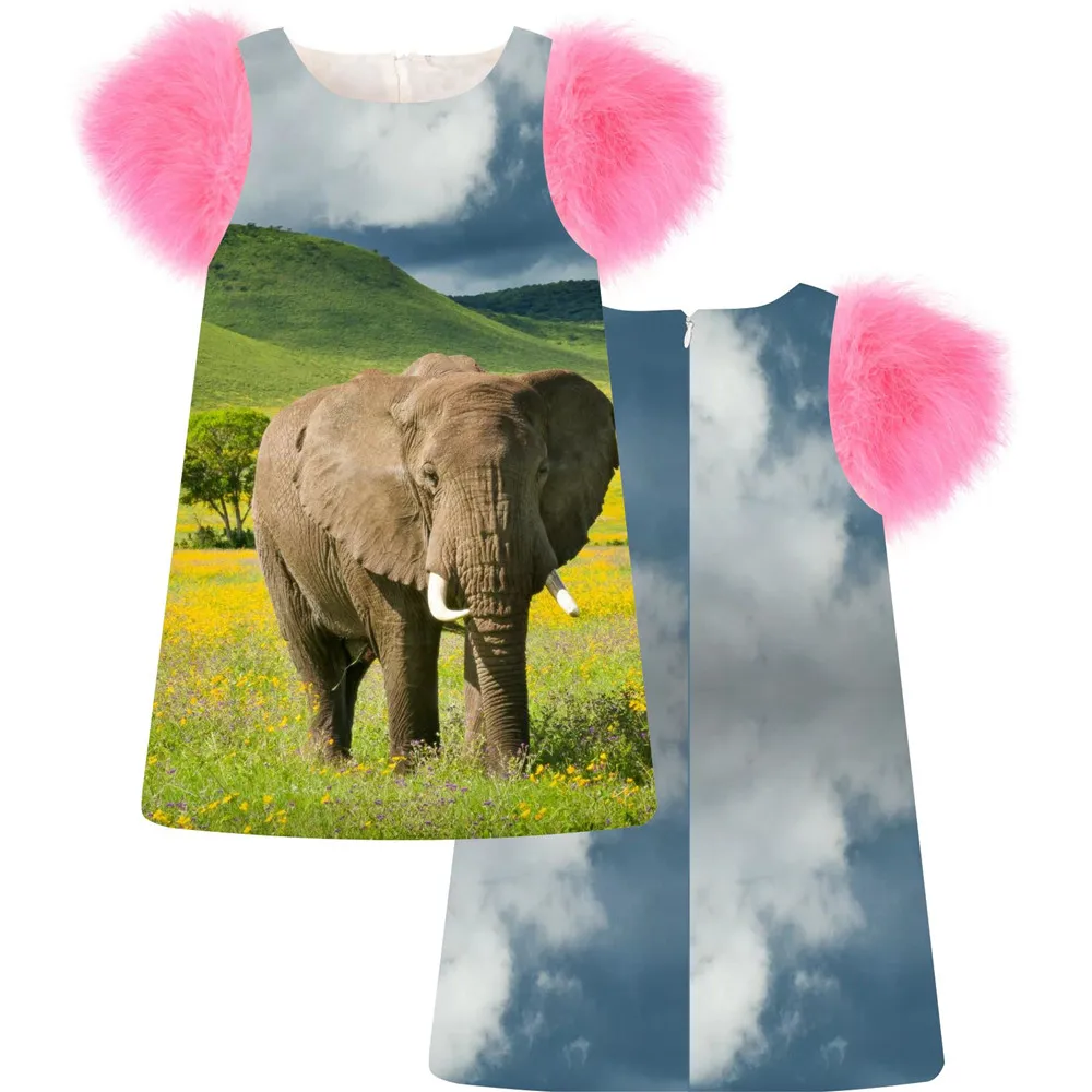 Одежда для детей платье девочек с модным принтом слона весенне-осеннее рукавами